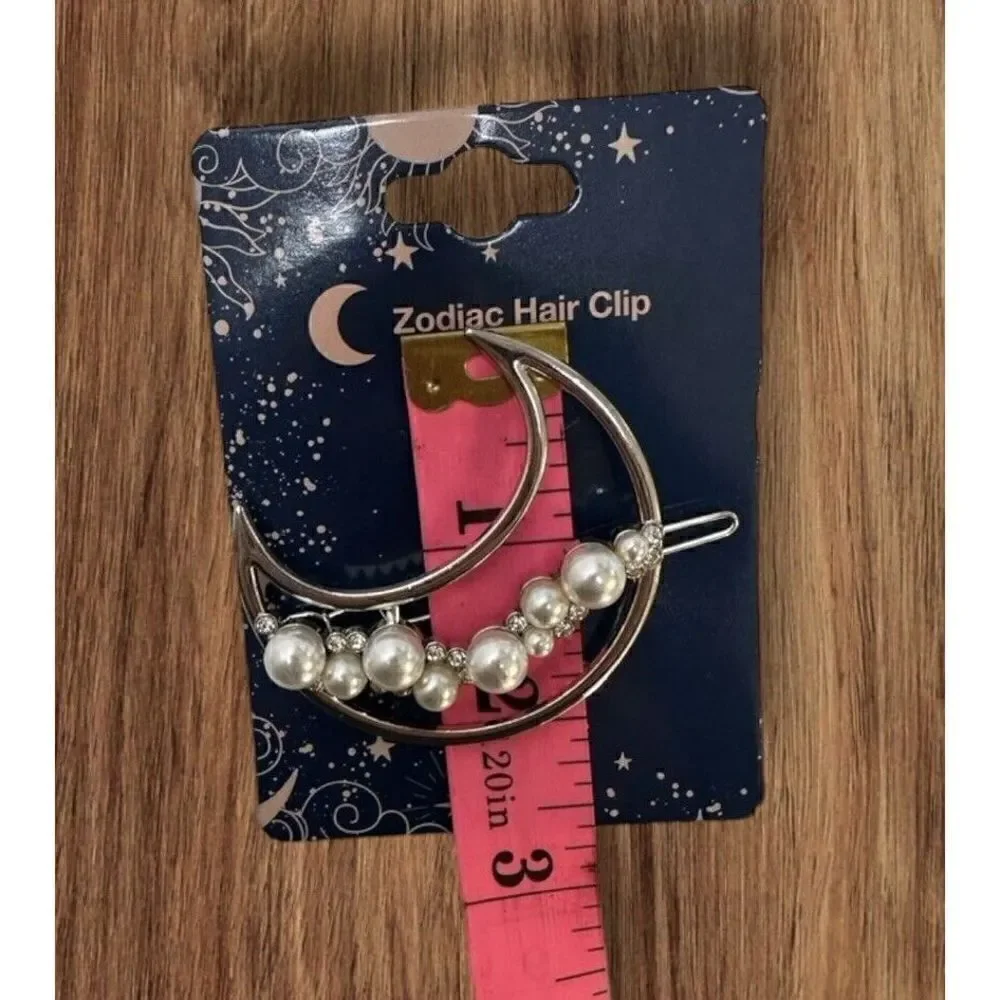 NWT 2 Inch Zodiac Gold Plated Metal Imitation Pearl Half Moon Hair Clip Barrette
